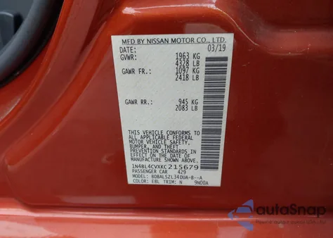 2019 Nissan Altima 2.5 Sr z USA, uszkodzony, nr VIN 1N4BL4CVXKC215679